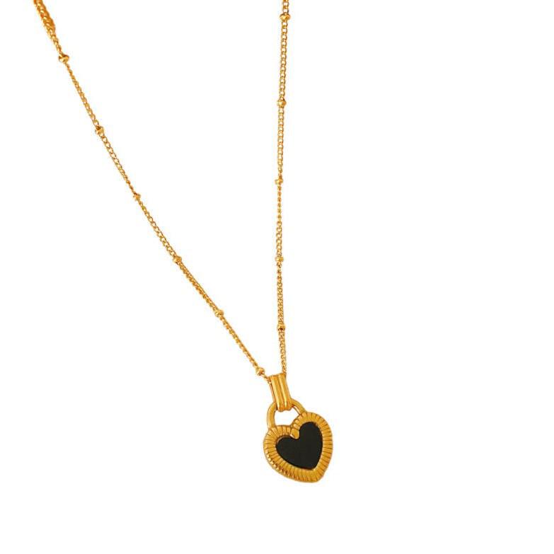 French Black & White Heart Necklace for Women - Double-sided Peach Heart Pendant, Chic and Versatile.