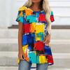 Women Plus Size Round Neck Short Sleeve Colorful Printed Flared T Shirt Curved Hem