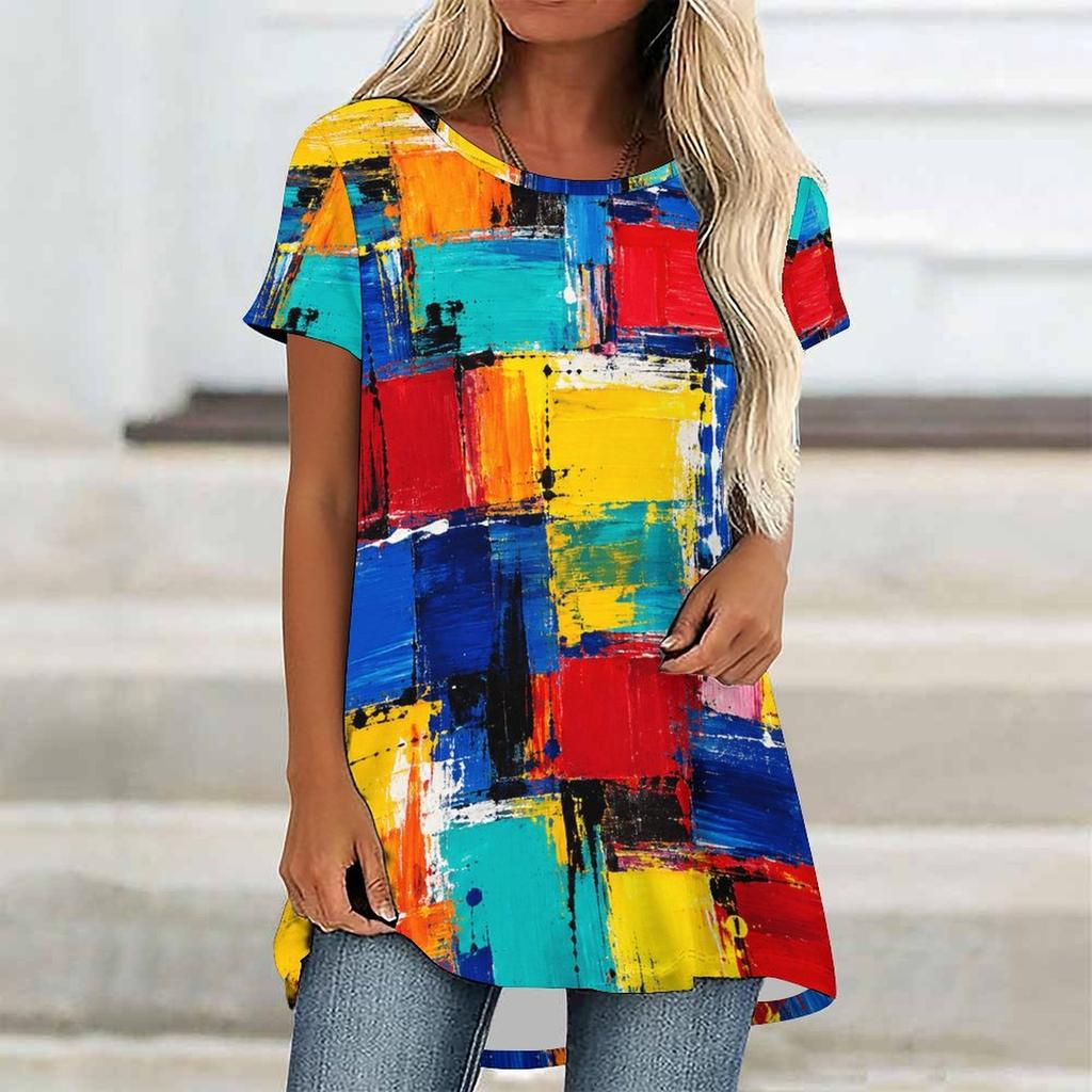Women Plus Size Round Neck Short Sleeve Colorful Printed Flared T Shirt Curved Hem