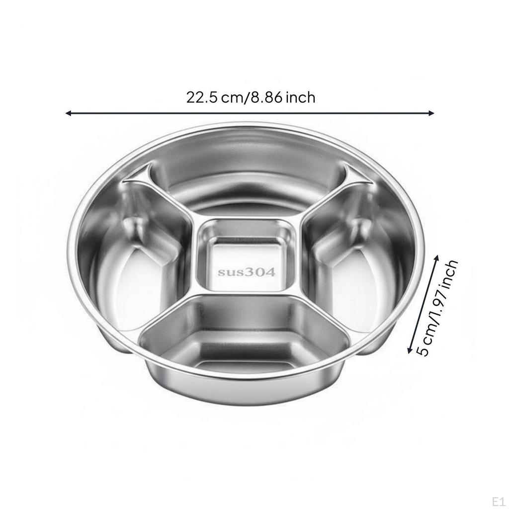 Stainless Steel Divided Plate 5Compartment Food Tray HeavyDuty Metal Portion Control for Home