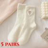 1/5 Pairs Women's Thickened Mink Socks Pink Heart Embroidery Plush Sleepwear Solid Color Warm Middle Tube Autumn Winter Home Socks
