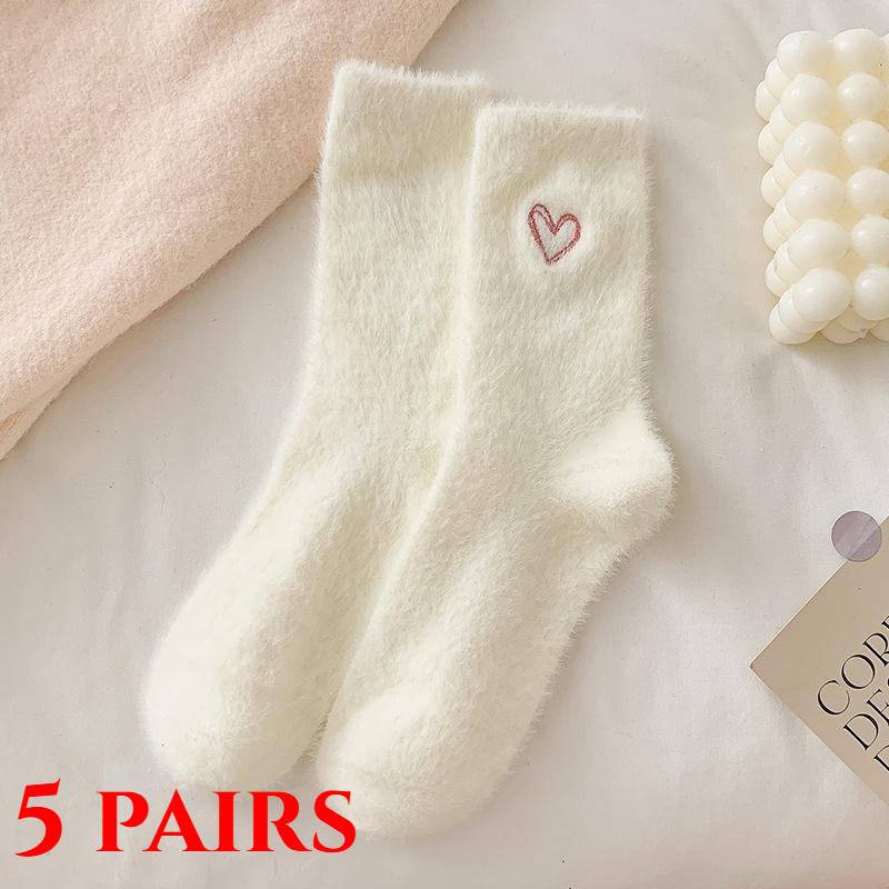 1/5 Pairs Women's Thickened Mink Socks Pink Heart Embroidery Plush Sleepwear Solid Color Warm Middle Tube Autumn Winter Home Socks