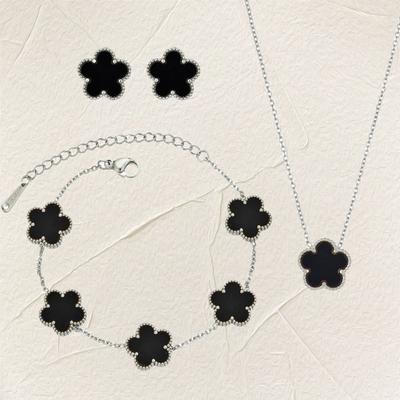 Luxury Zircon Set for Women Copper Color Chain Stainless Steel Double Sided Five Leaf Flower Necklace Earrings Bracelet Clover