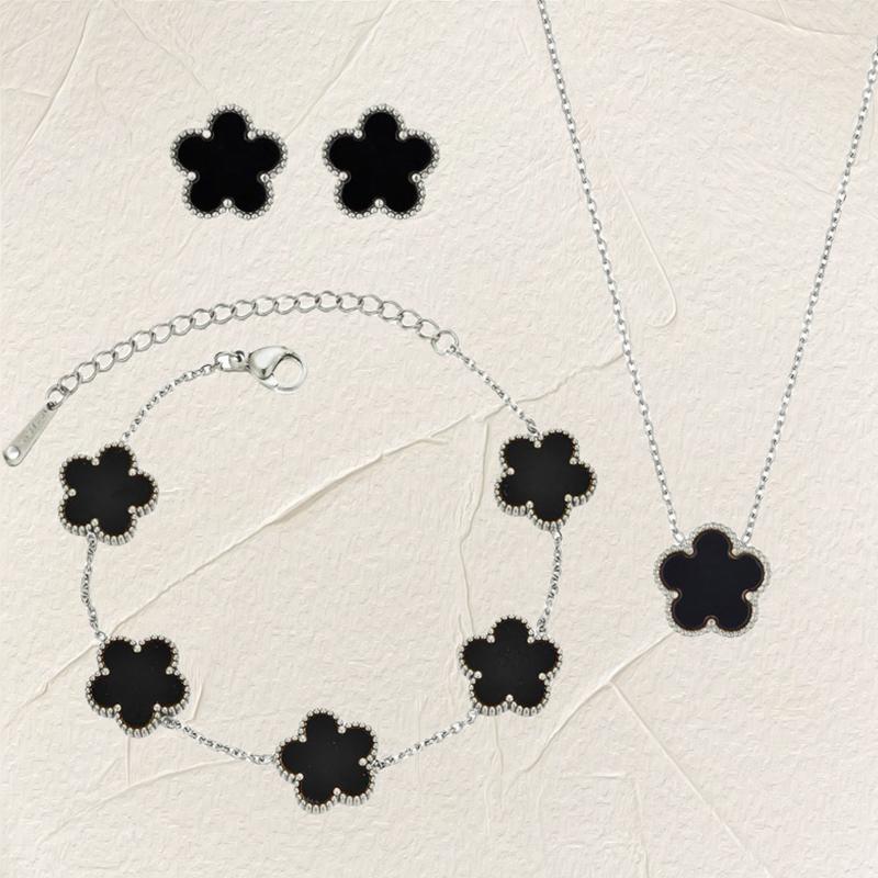 Luxury Zircon Set for Women copper Color Chain Stainless Steel Double Sided Five Leaf Flower Necklace Earrings Bracelet Clover
