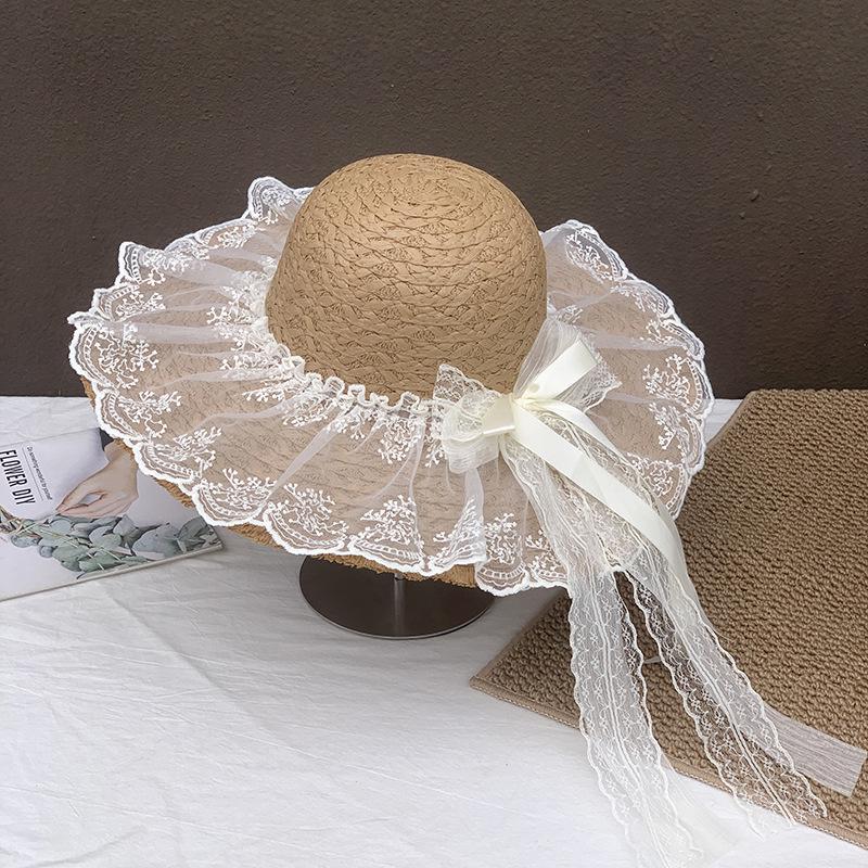Women's Wide Brim Straw Hat with Lace Bow - Summer Beach Vacation Sun Protection
