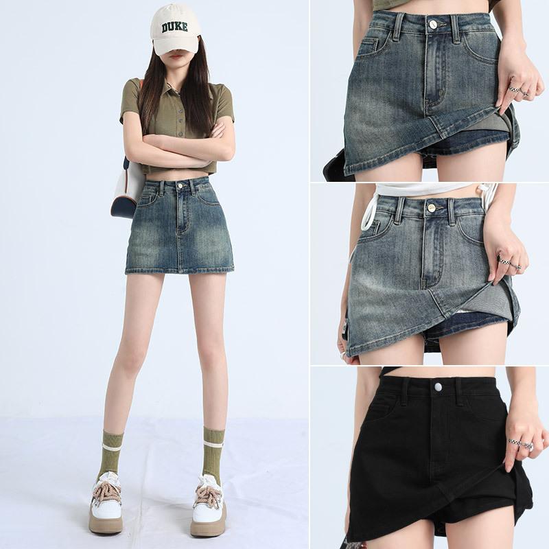 Women High Waist Denim Skirt Anti Chafing Stretchy A Line Mini Skirt Casual Vintage Jean Skort