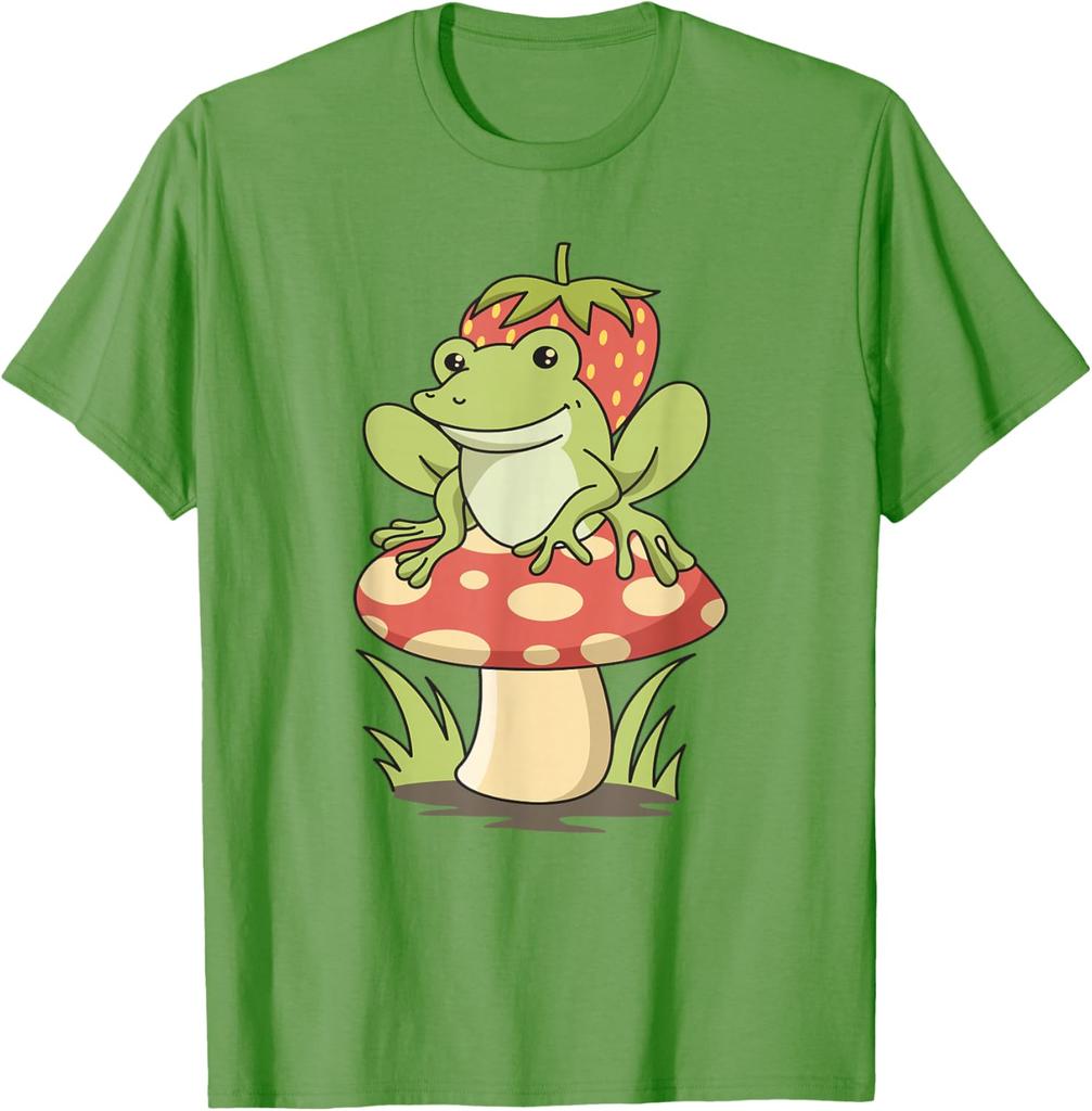 Cute Frog Strawberry Mushroom Graphic Tee Cottagecore Aesthetic Casual Round Neck T-Shirt
