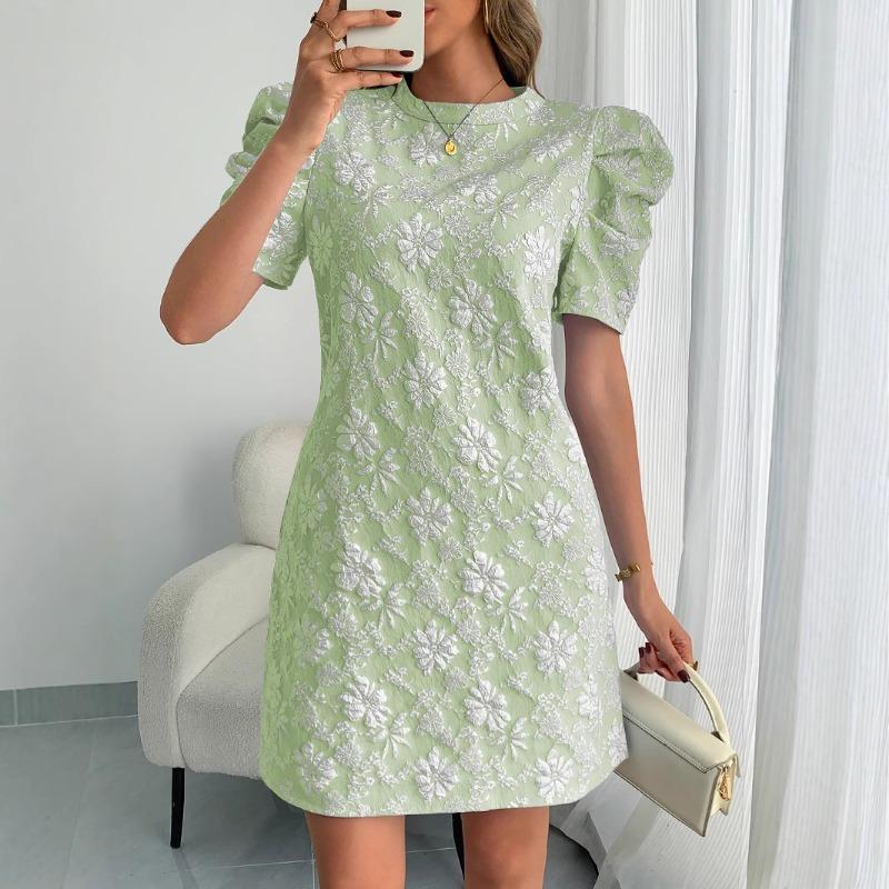 Summer Puff Short Sleeve Textured Jacquard Fashion Dress New Women Crew Neck Retro Elegant A-line Party Short Dress Female Slim Fit Loose Streetwear
