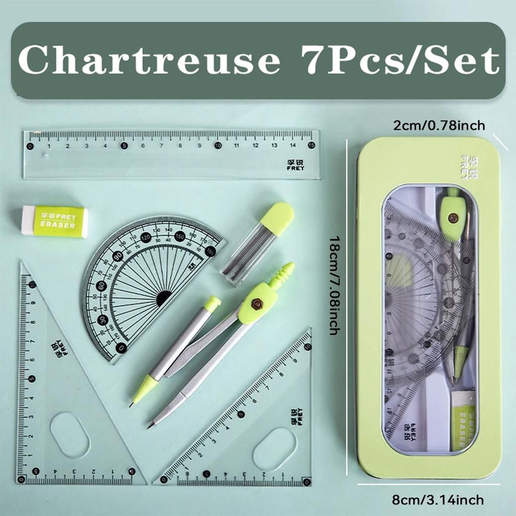7 PCS Compass and Ruler Sets Triangle Ruler Protractor Rubber Student Exam Specific Ruler Box Set Ruler Set School Starts