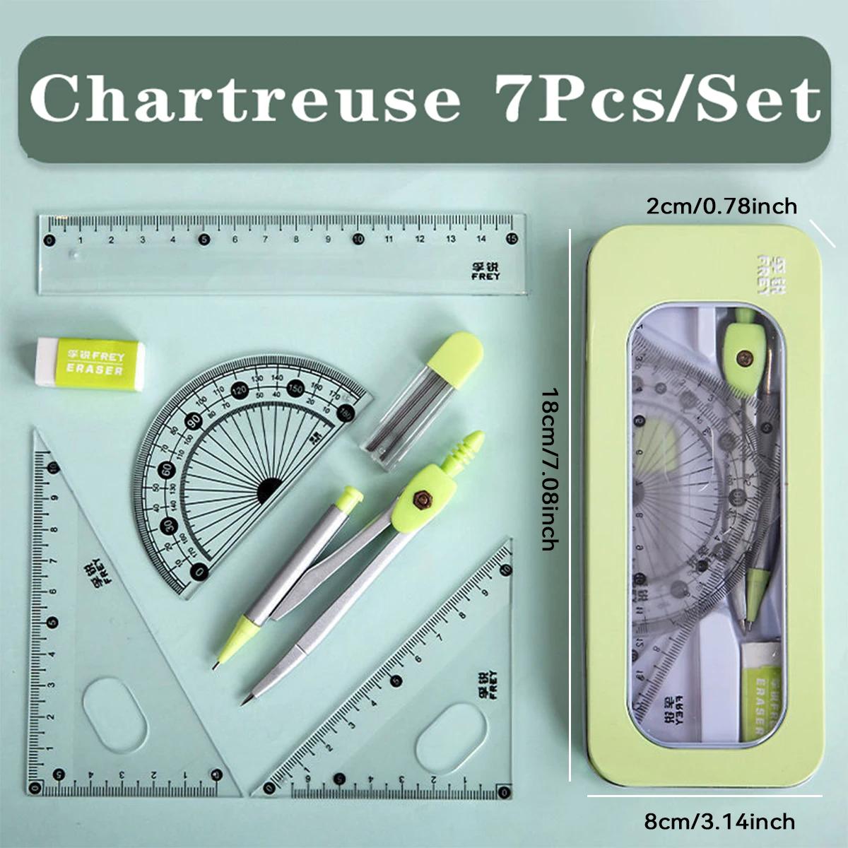 

7pcs Student Geometry Tool Set Pastel Color Compass Protractor Ruler Kit with Case for School Drawing & Math Homework зелений