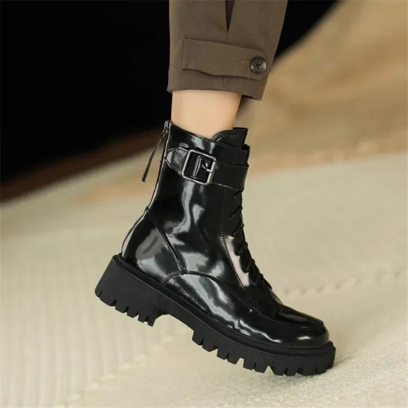 Fashion NEW Winter Women Boots Patent Leather Shoes for Women Round Toe Chunky Heel Shoes Wool Warm Snow Boots Platform Motorcycle Boots