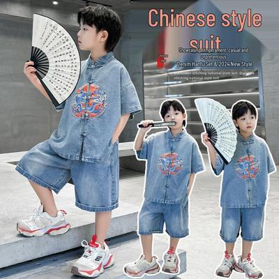 Boys' Trendy Hanfu-Style Summer Denim Two-Piece Set