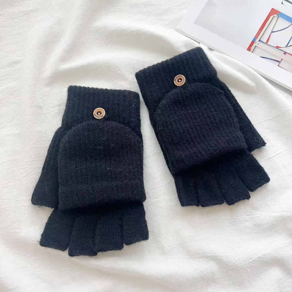 Solid Color Flip Gloves New Warm Solid Color Plus Velvet Writing Fingerless Simple Gloves