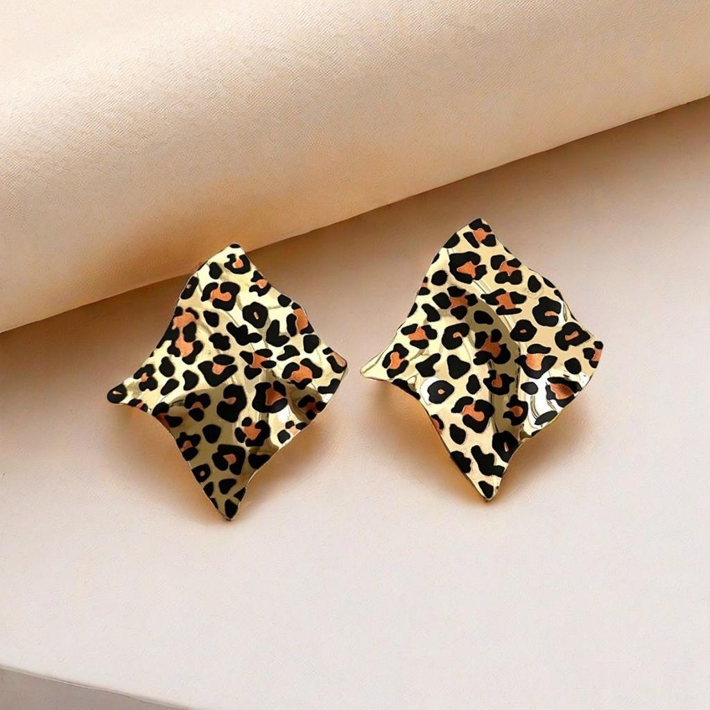 Square Twist Pleated Earrings Simple Fashion Metal Leopard Print Irregular Print Stud Earrings Female