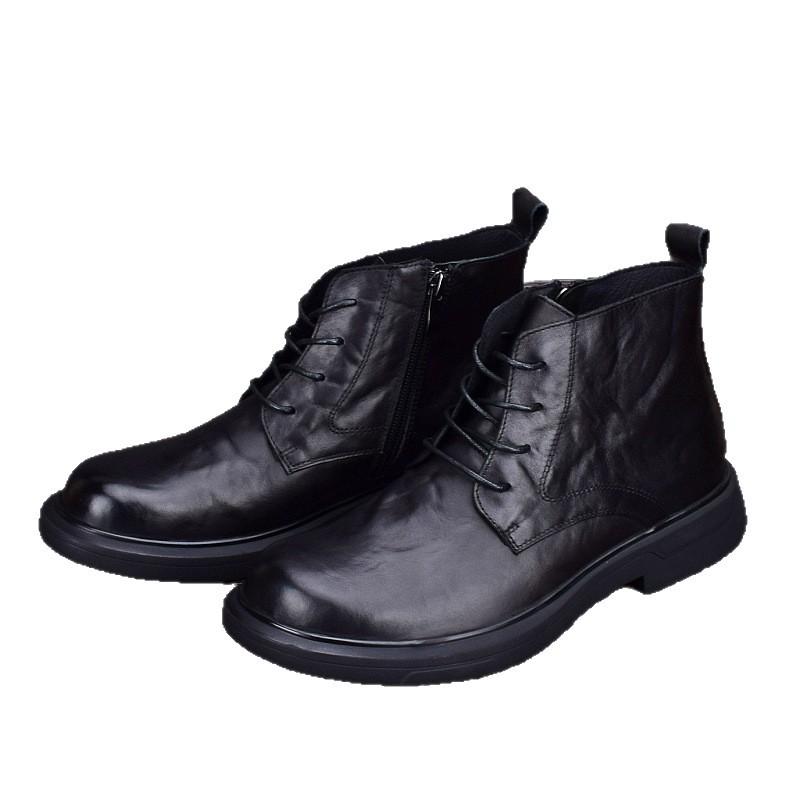 Men's Cowhide Autumn and Winter Martin Fashion Leather Casual Mid-top High-top Leather Shoes Trendy Leather Boots Short Boots Round Head Short Boots