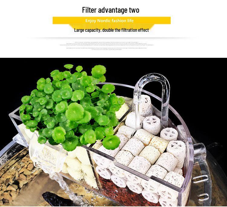 Round Glass Fish Tank: 3-in-1 Silent Filter, Oxygenator, and Waterfall Box with Ceramic Trickle Media.