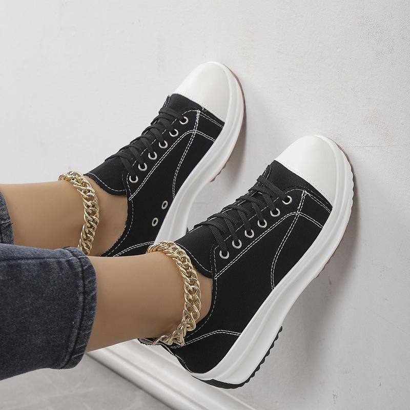 European and American large-size casual single shoes women's 2025 spring and autumn new round head lace-up thick-soled low-top canvas single shoes