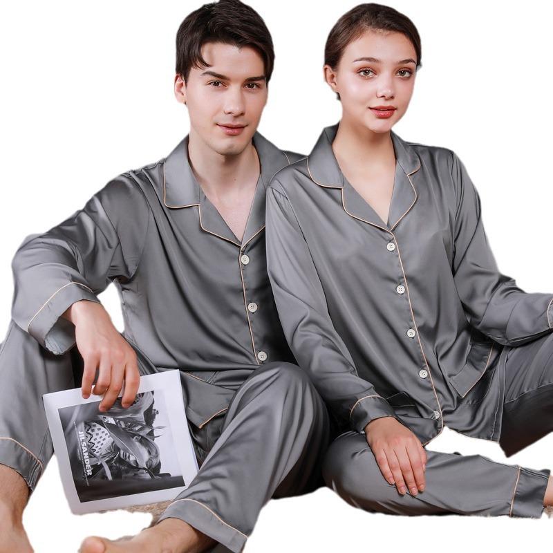 2024 Couple's Long Sleeve Pajama Set - Men's and Women's Imitation Silk for Spring and Autumn.