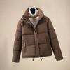 Womens Short Puffer Coat Winter Warm Loose Fit Cotton Jacket Stand Collar Solid Color Urban Street Style