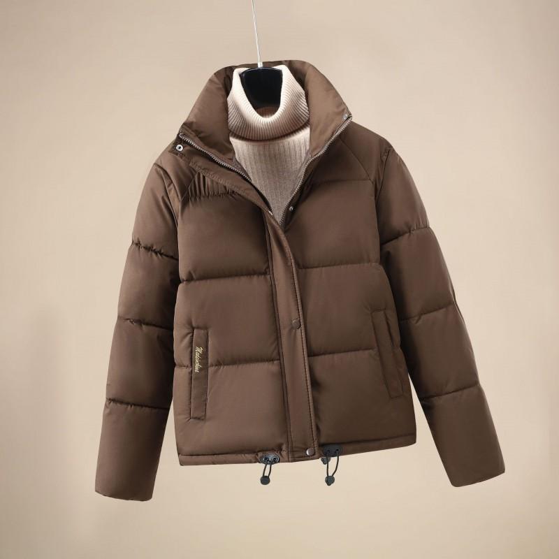 Womens Short Puffer Coat Winter Warm Loose Fit Cotton Jacket Stand Collar Solid Color Urban Street Style