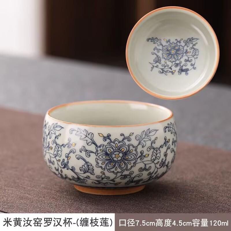 Ru Kiln Twisted Branch Lotus Teacup Master Cup Old Clay Crack Glaze High-End Atmospheric Teacup Painted Blue And White Arhat Cup