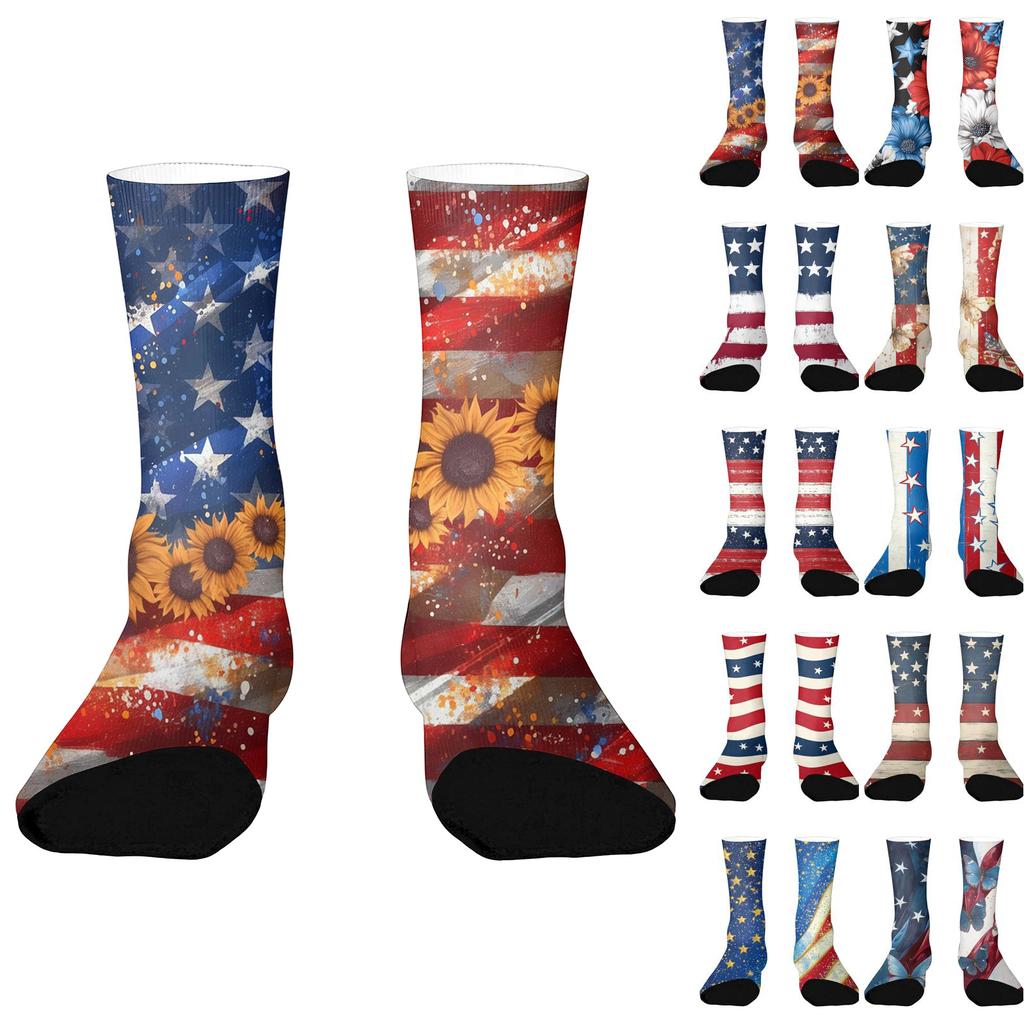 Women Breathable Comfortable Crew Socks Mid Calf Socks with Independence Day Themed Print Soft Stretchy Material for Daily Wear