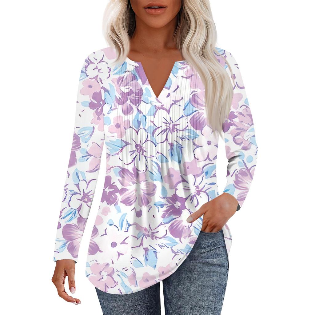 Damenmode Lässig Plissiert V-Ausschnitt Einfarbig Langarm T-Shirt Elegante Oberteile