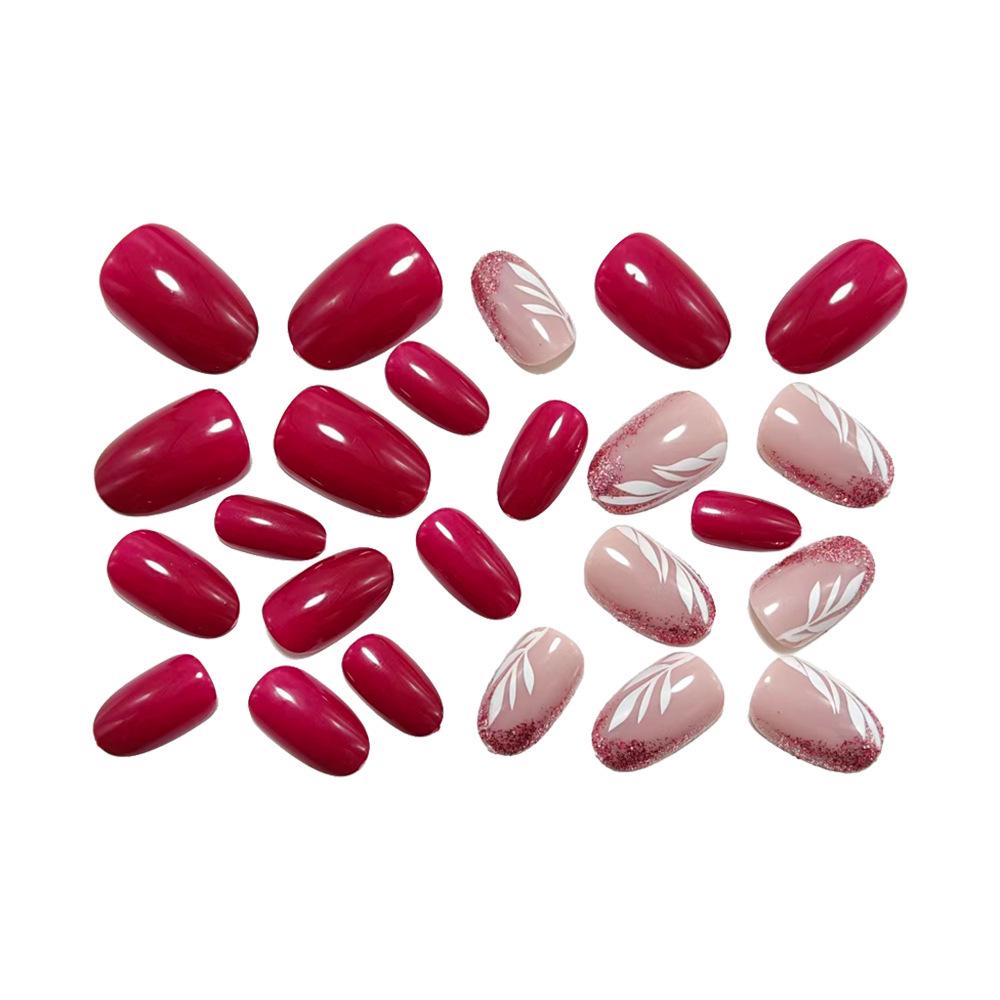 Rose Red Gradient Feather Nail Tips with Glitter Leaf Pattern – European & American Style Hot-Selling Wearable Nail Art