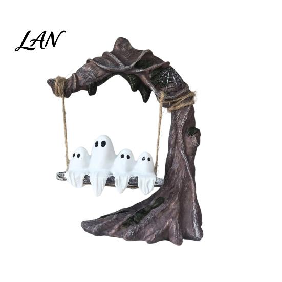 Weather-Resistant Garden Ornament Ghost On Tree Swing Halloween Decor, Resin Spooky Figurine with Vintage Detailed Sculpture for Office Base, Festive