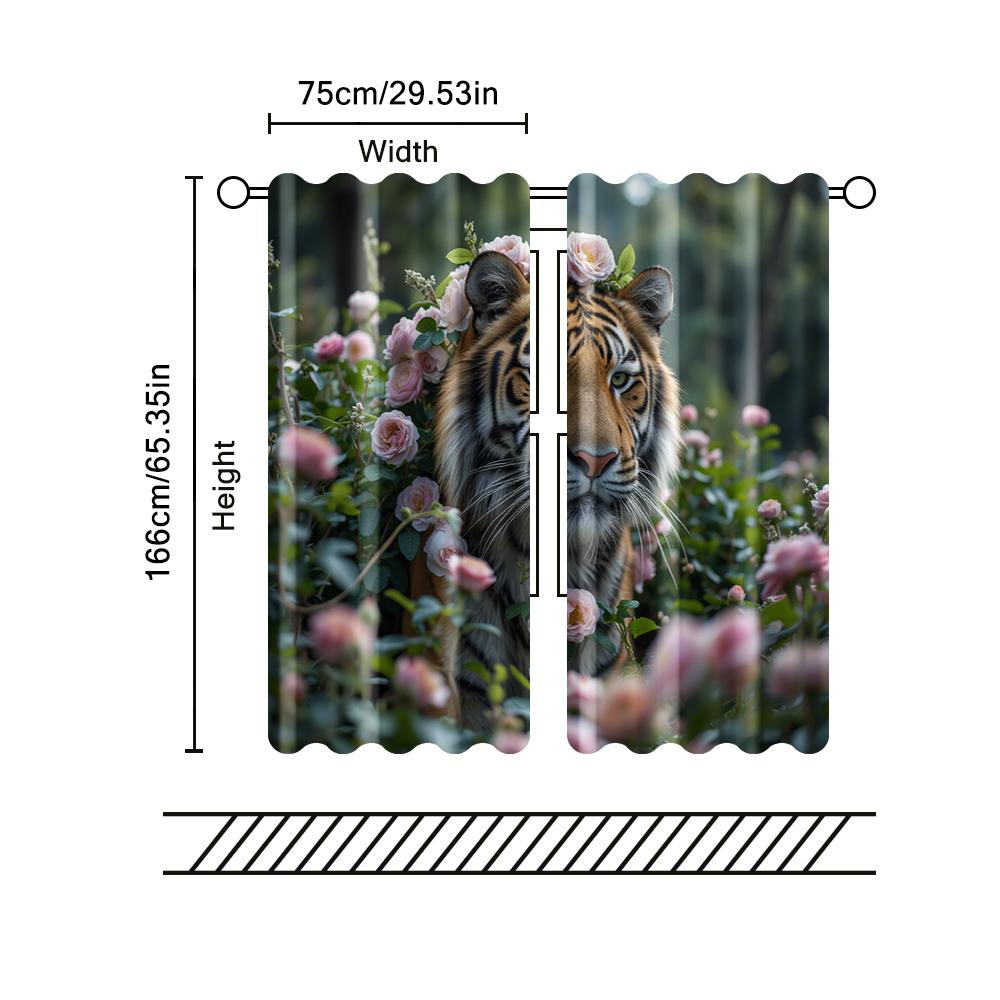 2 Pcs, Filtering Curtains (excluding Rods, Non-movable, Without Batteries) Flower Tiger for Use In Bedrooms and Living Rooms
