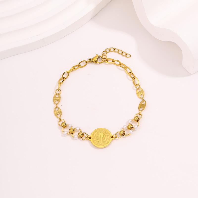 Personalized Retro Round Coin Main Tag Titanium Steel  Light Luxury Niche Layered Extension Pearl Adjustable  Women