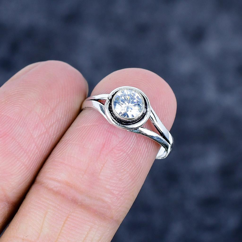 White Topaz Gemstone Handmade 925 Sterling Silver Jewelry Ring Size 7.5 MM-3458