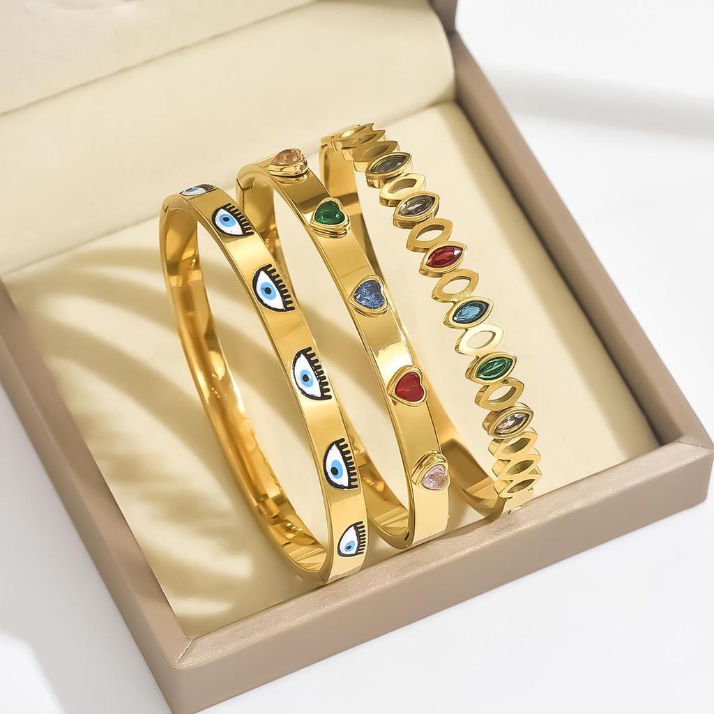 Geometric Gold & Gem Heart Bracelet Set for Women - Stackable Stainless Steel Evil Eye Jewelry