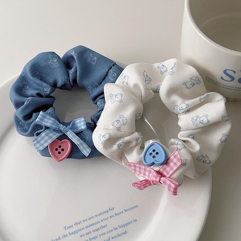 2pcs Korean style heart-shaped button, large intestine headband, high-end feel, butterfly tie, hair rope, sweet little bear