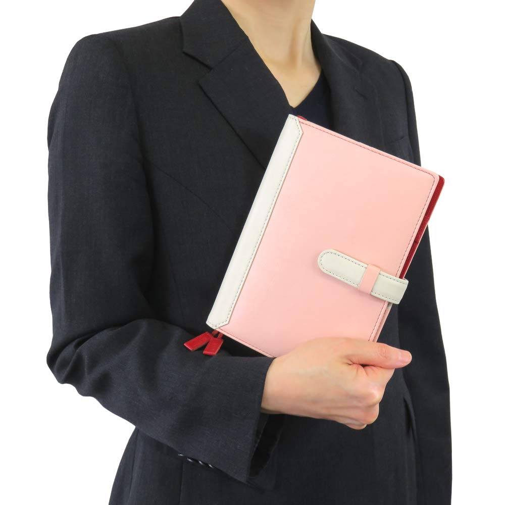 B6 Size Genuine Leather Notebook Cover with Peach Pink x (Ceal Al) Strap, Two-Tone CLuaR-TC (07. Off-White)
