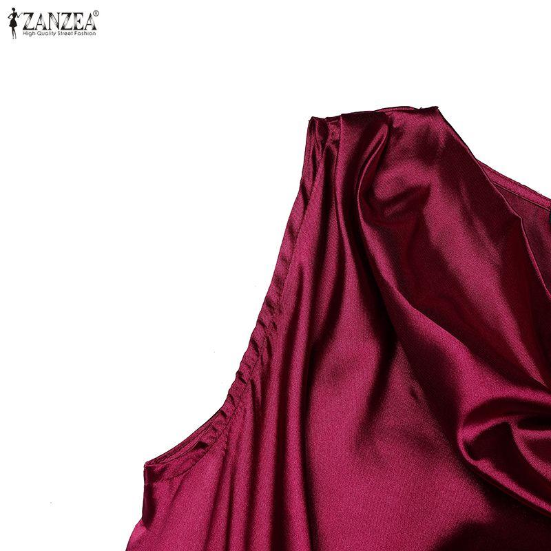 ZANZEA Women Elegant Pile Collar Casual Sleeveless A-line Satin Dress