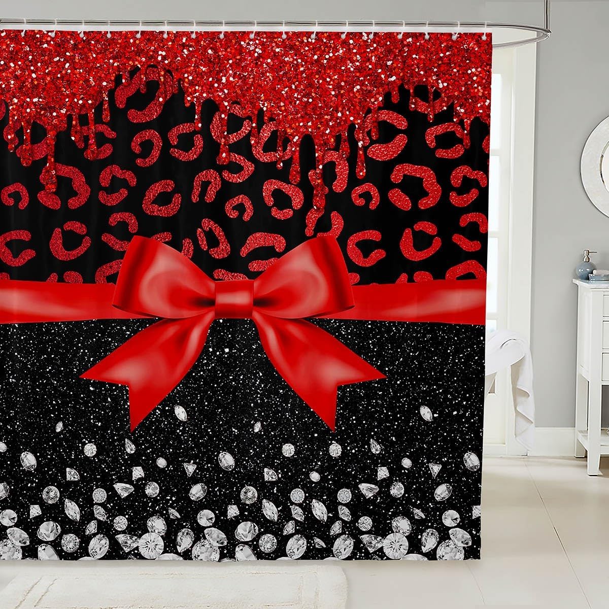 

Pink Bowknot Glitter Shower Curtain Abstract Leopard Cheetah Zebra Skin Girls Women Bow-Tie Shining Diamond Bathroom Curtain W60H190(CM)-1 Pcs