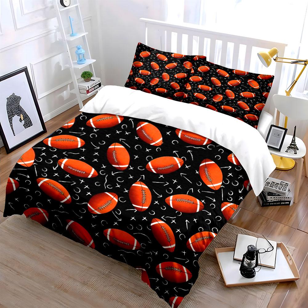 3Pcs American Football Bedding Set, Orange Football With Playbook Symbols Print Duvet Cover + 2 Pillowcases, Sports Fan Decor