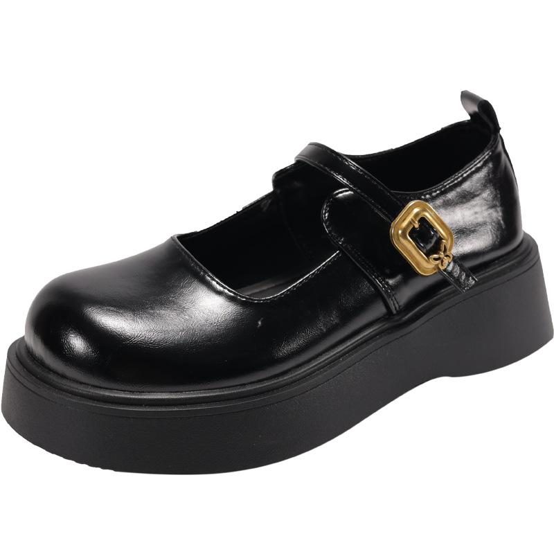 Black retro round head platform small leather shoes women's 2025 new spring and autumn with skirt French heightening Mary Jane single shoes
