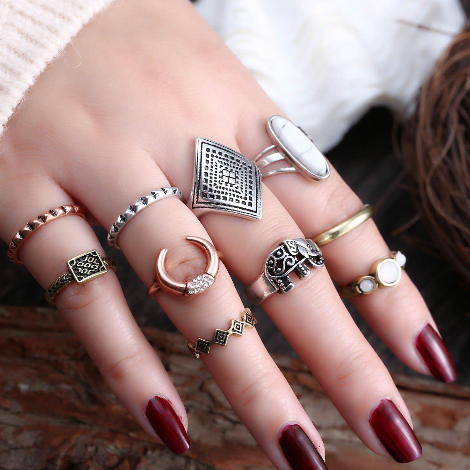 

Exclusive For Fashion Elephant Turquoise Diamond Multi-Color 10-Piece Ring Women