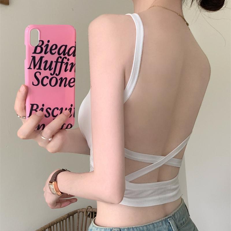 Camisola estilo chica sexy con almohadillas para el pecho para usar en verano, top corto de tubo sin espalda y espalda cruzada para mujer