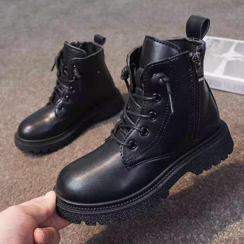 

Детские ботинки Мартин для мальчиков и девочек, зимние, новые, британская мода, кожаные ботинки, боковая молния, водонепроницаемые, сноубутсы, короткие ботинки, нескользящие 38