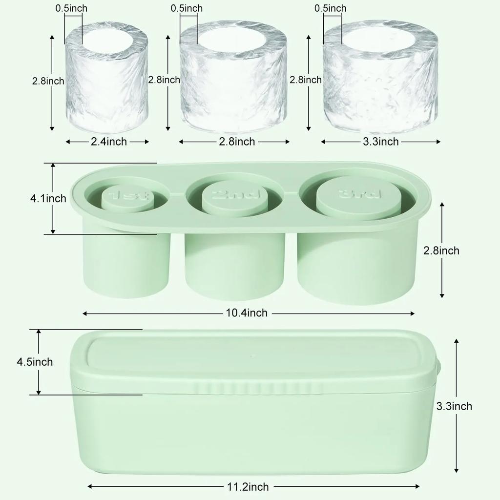 Silicone Ice Cube Maker Tray For  Cup with Lid and Bin for Freezer, 3 Hollow Large Cylinder Ice Cube Mold for Drinking Ice tray