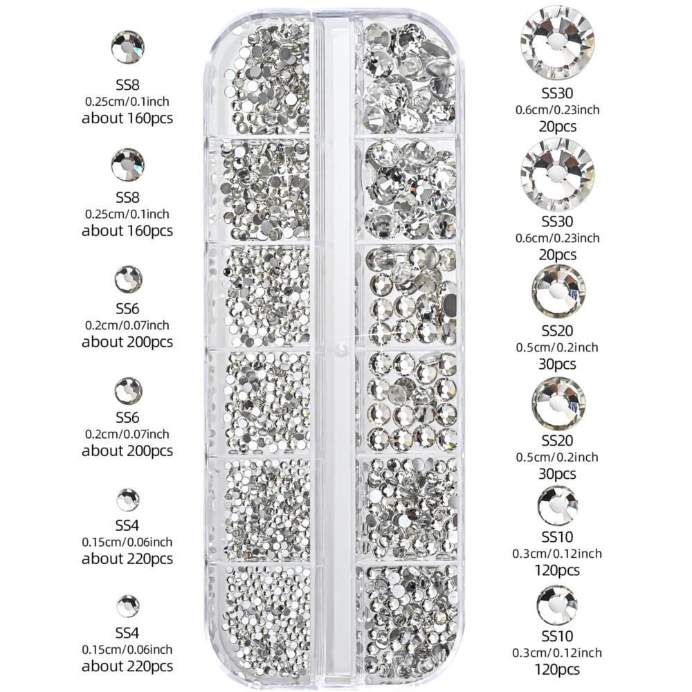 1500PC 12grid 3D Clear Crystal Nail Diamond SS4-SS30 Sparkly Round Nail Beadd Gems Glass FlatBack Nail Rhinestone Charms 1.5-6mm