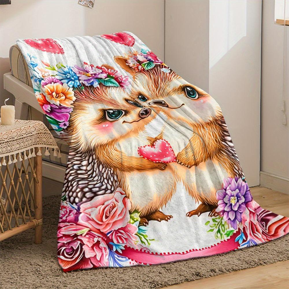Cute hedgehogs couple floral crown heart romantic design flannel blanket soft cozy gift for lovers Valentine's Day home decor