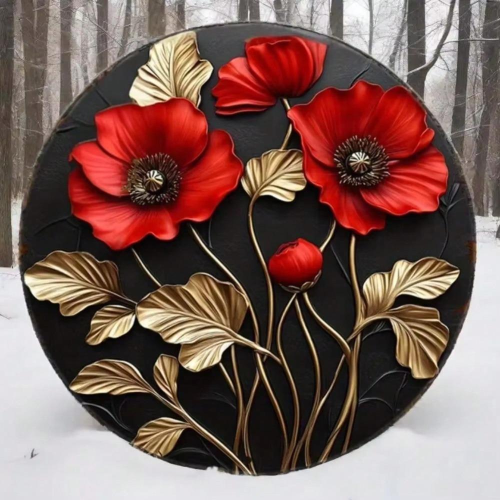 Metal Wall Art Red Poppy Vintage Round Print Kitchen Office Cafe Decor