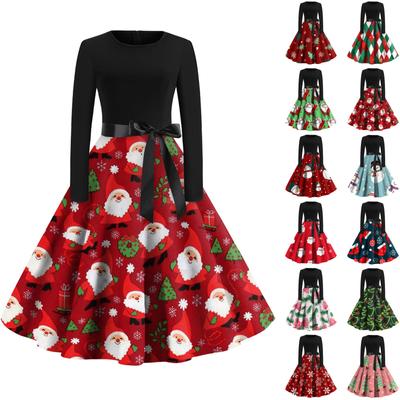Moda feminina gola redonda casual slim natal estampado vestidos de manga comprida