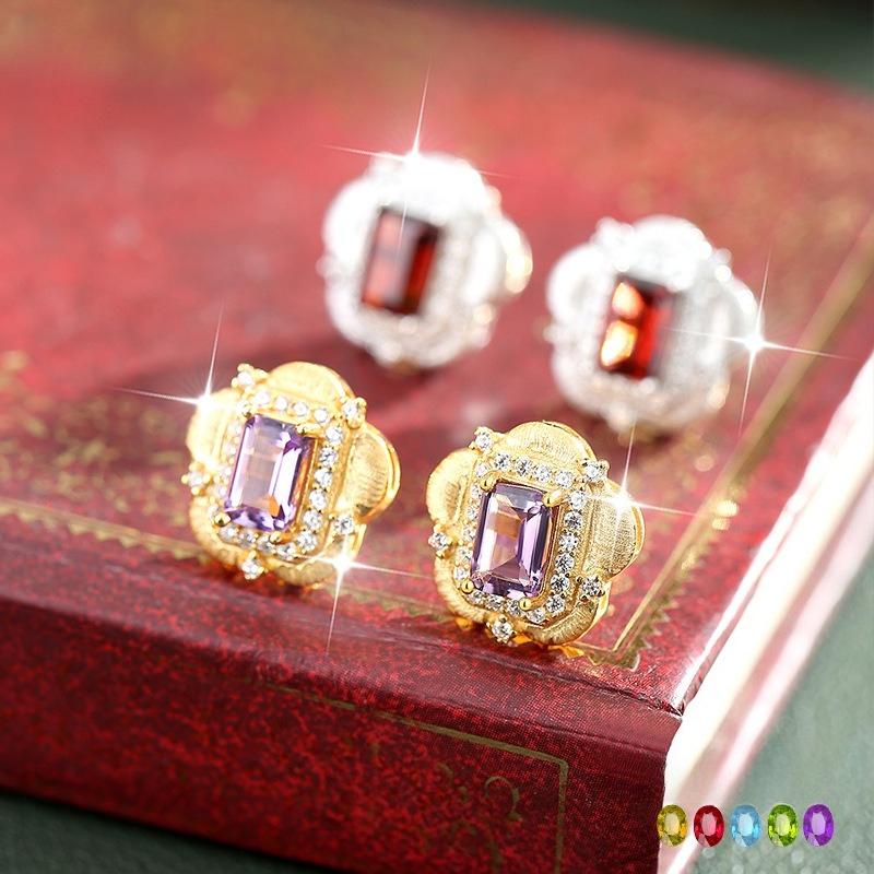 European American Retro Italian Brushed Natural Crystal Stone Earrings S925 Sterling Silver Stud Earrings Women's Jewelry Gift
