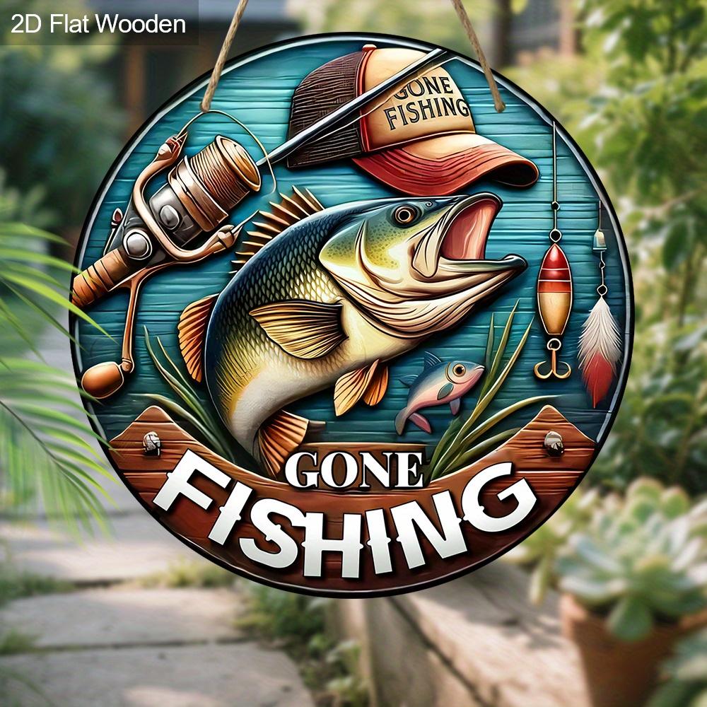JIT 1pc 2D Flat Classic Fishing Sign Round Wooden Decorative Plaque & Statues, Summer Decor, Suitable for Home, Beach House, Garage, Man Cave - Ideal