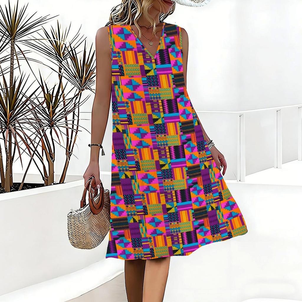 Plus Size V Neck Sleeveless Dress Ink Mountain Stream Print For Water Town Sightseeing